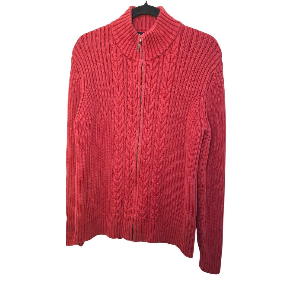 Lands' End Men Red‎ Cable Knit Fisherman Holiday Full-Zip Sweater Size L